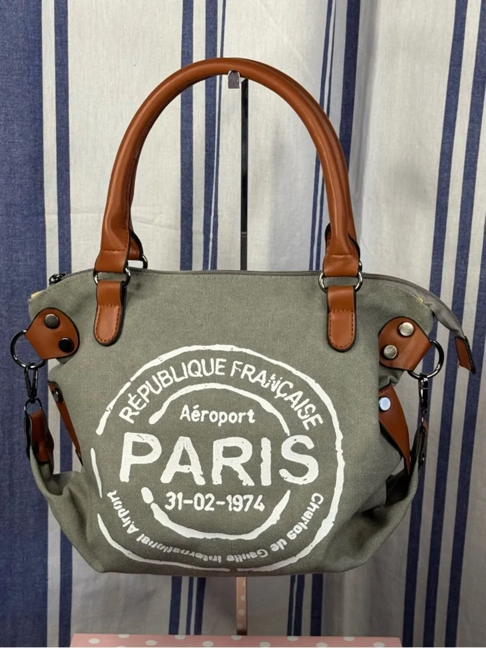 Paris Republique Gray Stamped Canvas Messenger Bag with White Stamp